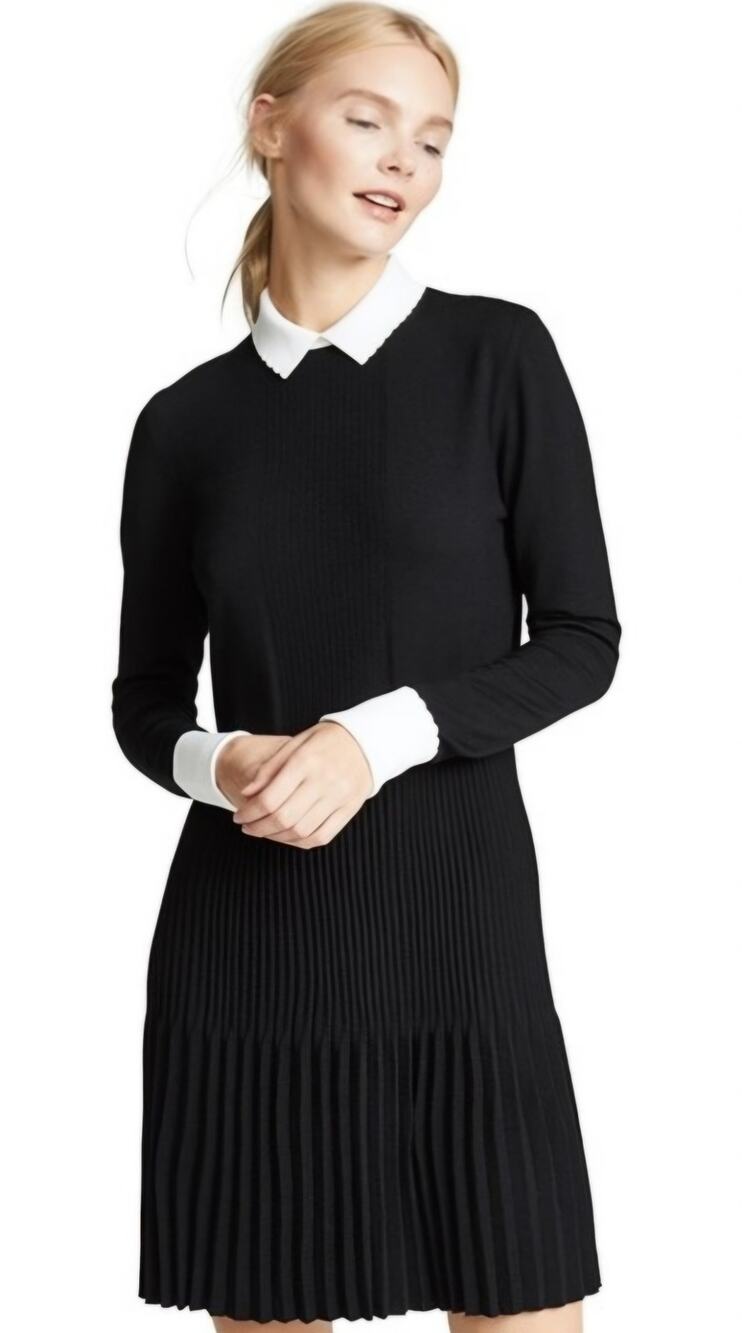 Tory Burch Sabina Black White Collar Cuffs Knit Pleated Wool Dress Size Small